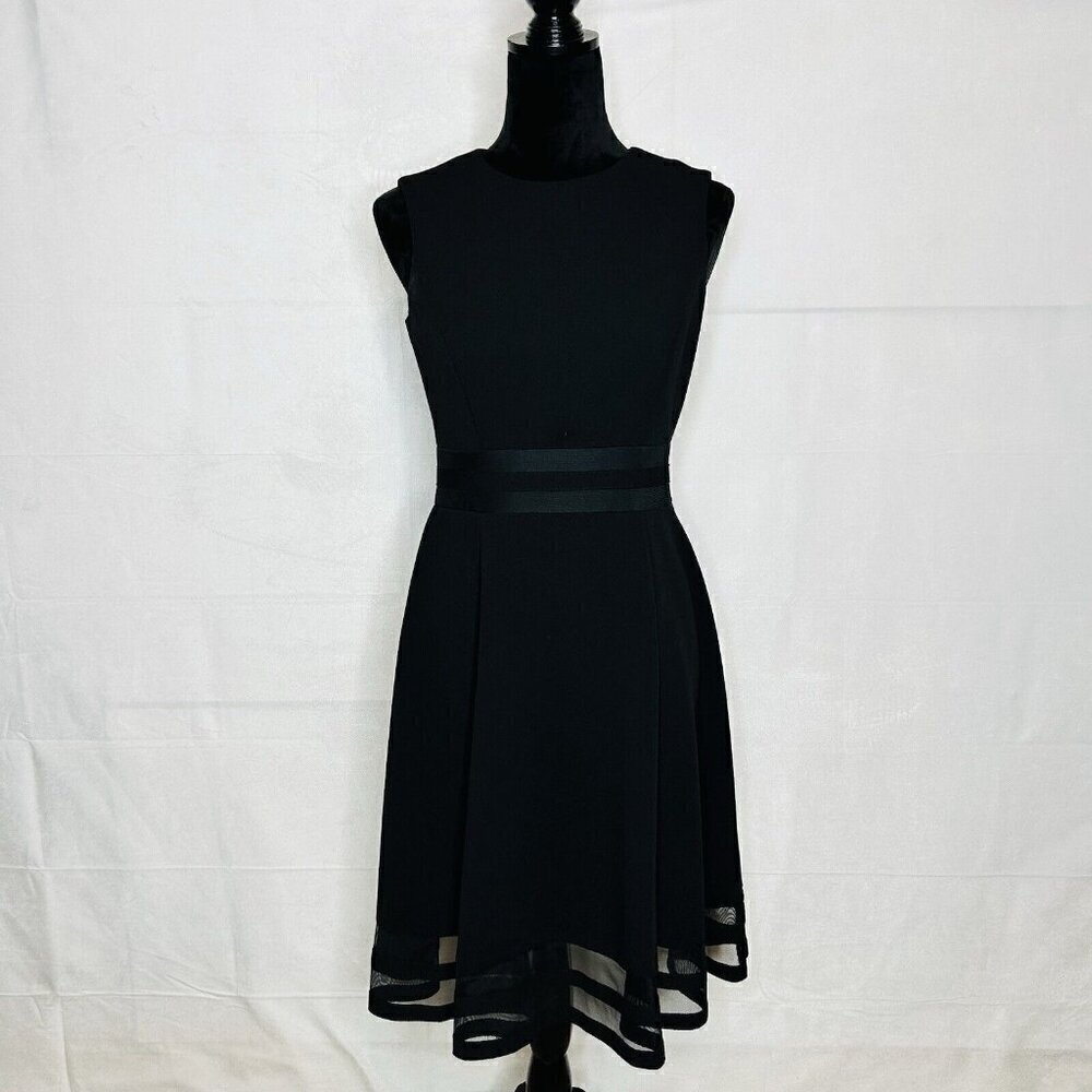 Calvin Klein Black Mesh Illusion Hem Fit Flare Stretch Sleeveless Dress Size 4